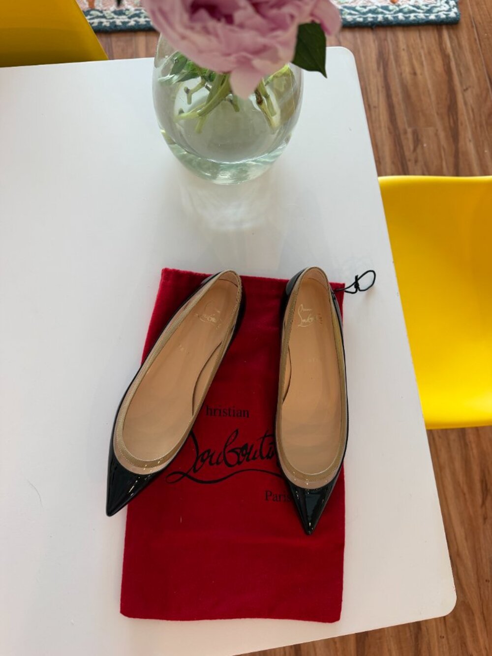 Christian Louboutin Paulina Pointed Toe Flat Shoes Patent Leather Red 38.5 EU